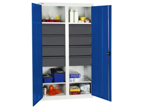 Materiaalkast 1800x1000x500m 4legborden Uitschuifbaar 8laden Ral5010