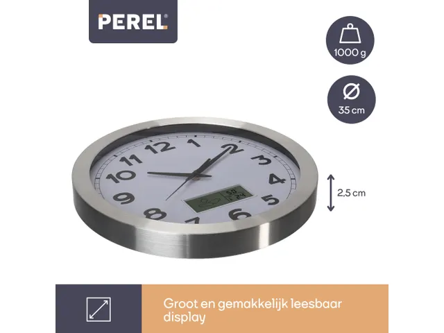 Aluminium Wandklok Lcd-display Thermometer Hygrometer & Weer 35.5cm