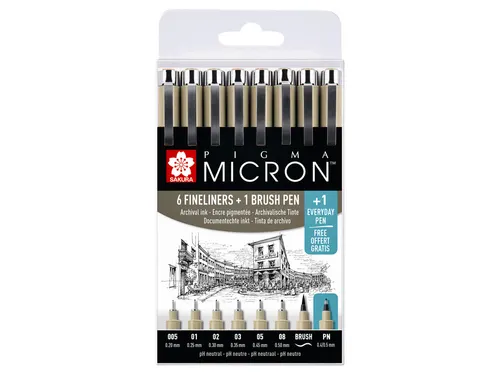 Fineliner Sakura Pigma Micron 6 schrijfbreedtes, brushpen en PN zwart