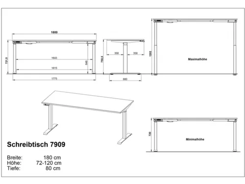 Elektrisch ihv bureau,HxBxD 720-1200x1800x800mm,blad lichtgrijs