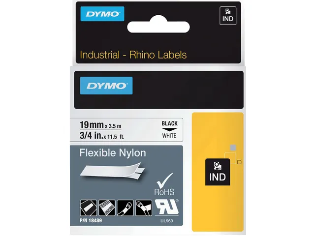 Labeltape Dymo Rhino 18489 Nylon 19mmx3.5m Zwart Op Wit