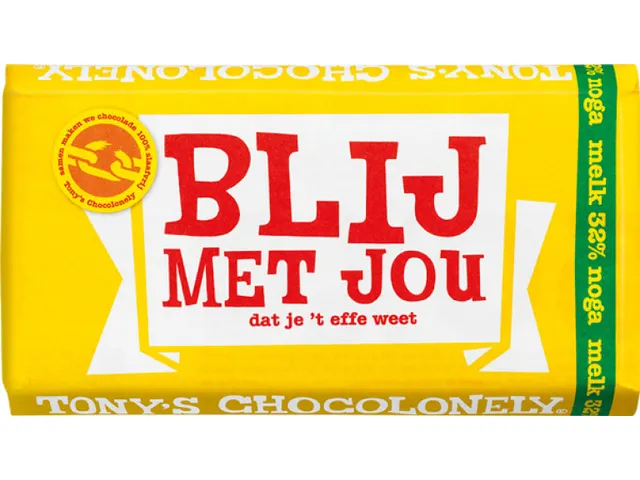 Chocolade Tony's Chocolonely reep 180gr melk noga "Blij met jou"
