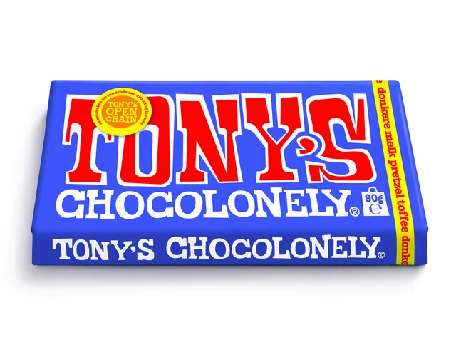 Chocolade Tony Chocolonely donkere melk pretzel toffee reep 90 gram