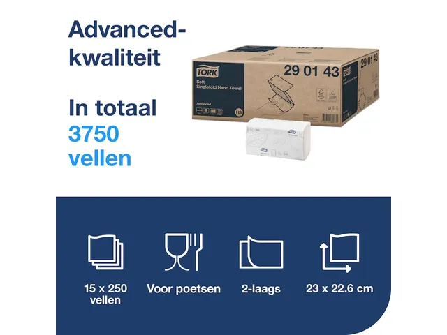 Tork 290143 Handdoek Advanced H3 Singlefold 2-laags Wit 15x250 stuks