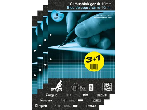 Cursusblok Kangaro A4 ruit 10mm 90 grams 100 vel pak 4 stuks