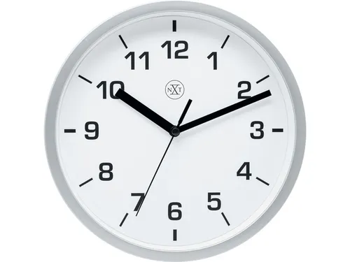 wandklok NXT diameter 20cm kunststof zilver, witte wijzerplaat cijfers