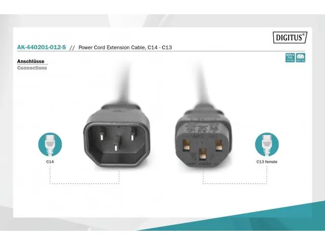 Netsnoer verlengkabel C14-C13 mannelijk/vrouwelijk 1,2m Zwart