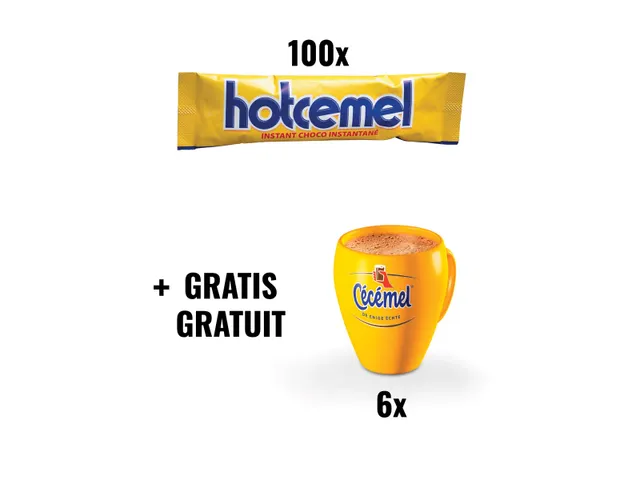 Actie Hotcemel: Hotcemel chocoladepoeder 30g (46820)+ GRATIS 6 mokken
