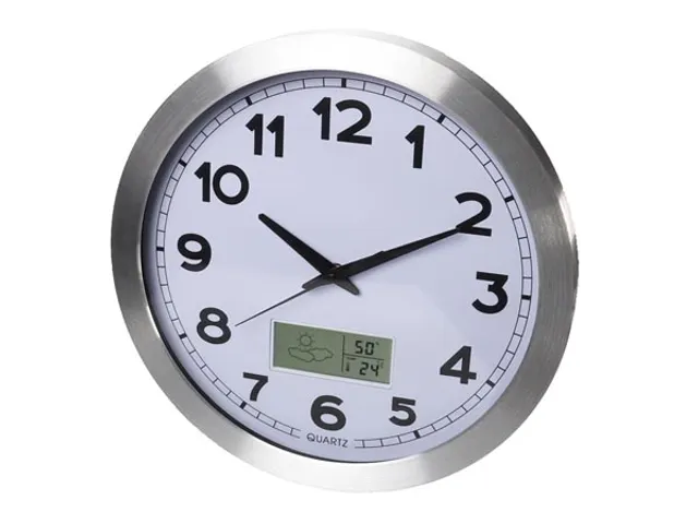 Aluminium Wandklok Lcd-display Thermometer Hygrometer & Weer 35.5cm