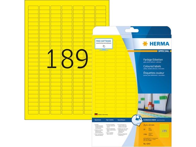 Herma 4243 Gekleurde etiketten A4 25.4x10mm Geel Verwijderbaar | HermaLabels.nl