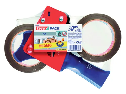 Verpakkingstape Tesapack 50mmx66m ultra sterk PVC 2 rollen + dispenser
