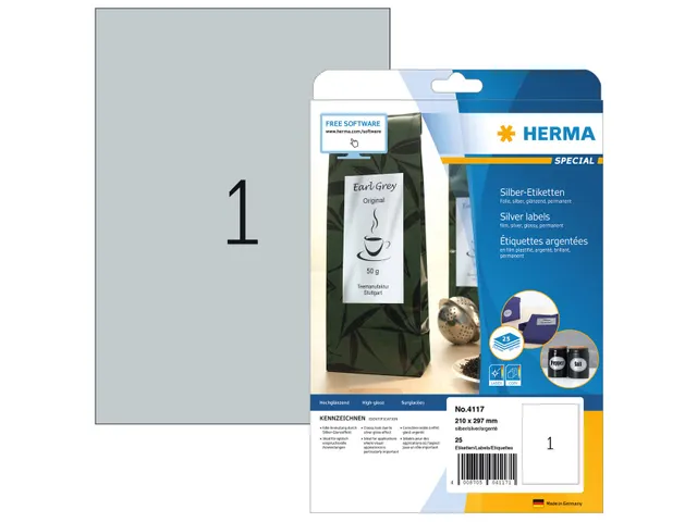 HERMA 4114 Zilver folie-etiketten A4 210x297mm Glossy 25 stuks