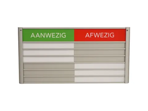 Menoor In-Uit bord 6 namen Aluminium Aanwezig/Afwezig Groen/rood