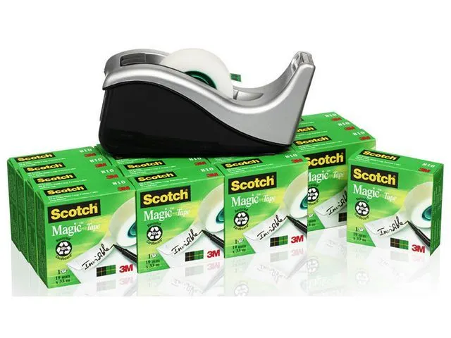 Plakband Scotch Magic 819 19mmx33m mat + plakbandhouder zilver 16 rol
