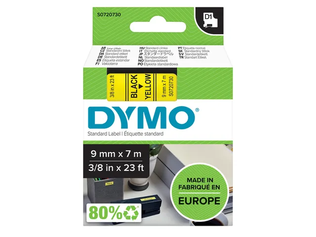 Labeltape Dymo LabelManager D1 polyester 9mm zwart op geel