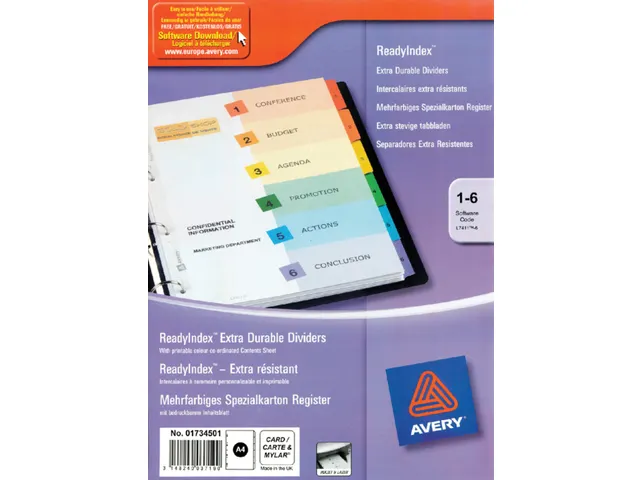 Intercalaire Avery Readyindex 9 perf 6 onglets 1-6 assorti