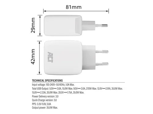 Oplader ACT 35w 1-poort usb c wit