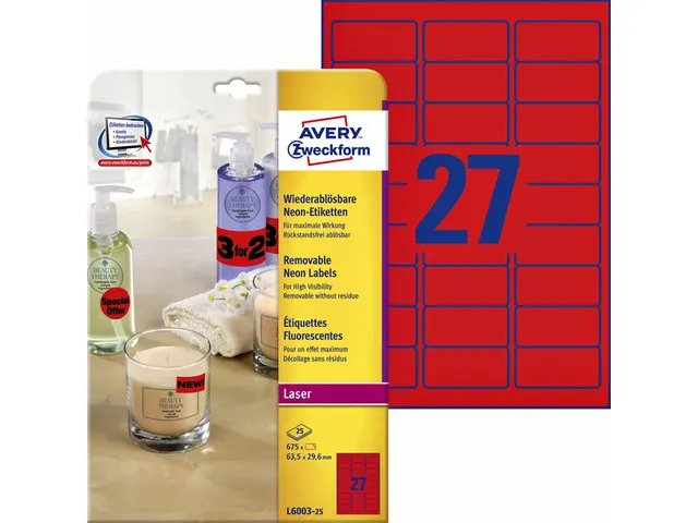 Gekleurde etiketten Avery Zweckform 63.5x29.6mm Neon Rood 675 Stuks
