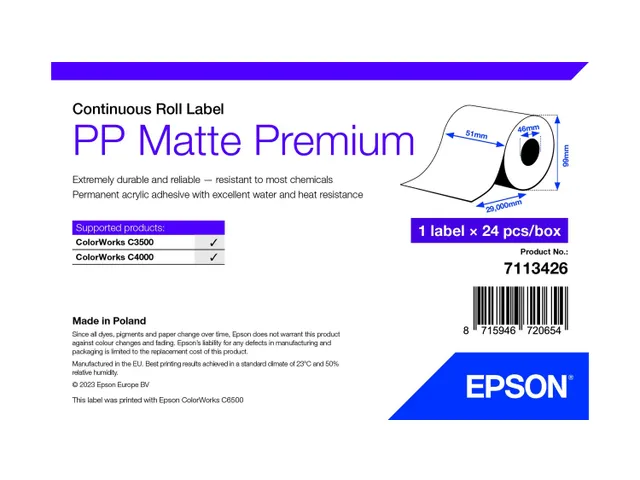 Epson 7113426, Wit, Zelfklevend printerlabel, Doorlopend etiket, Rol,