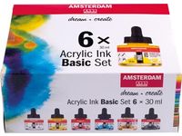 acryl inkt Basis, 6 flacons 30 ml, assorti
