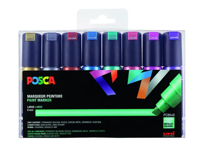 Verfstift Posca PC8K Brede punt 8mm schuin 8st metallic assorti