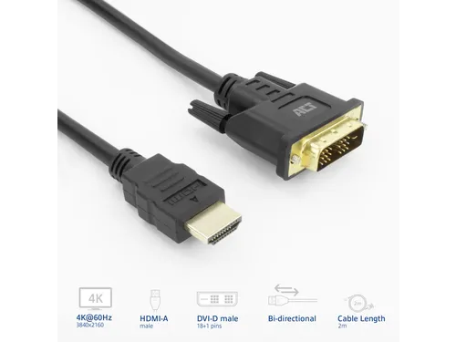 Kabel ACT HDMI DVI 18+1 pin M/M zwart 2 meter