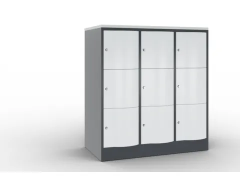 lockerkast 1255x1150x640mm 3x3 vakken RAL7021 front RAL7035 sokkel