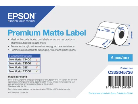 Premium Matte Label - Die-cut Roll: 76mm x 127mm, 960 labels