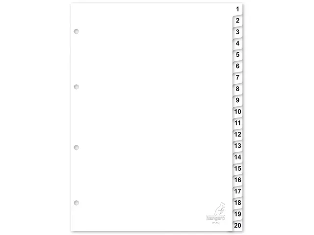 Tabblad Kangaro A4 Pp 120mµ Wit 4-gaats 1-20 20-delig