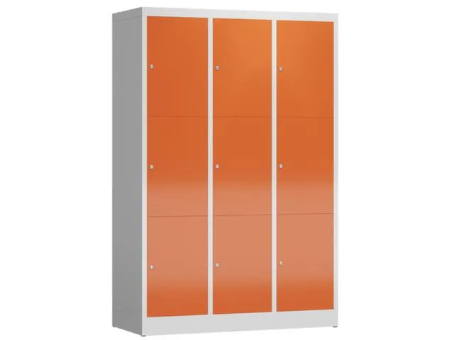 Lockerkast 1800x1185x500mm 3x3 vakken cilinderslot, sokkel, RAL3000