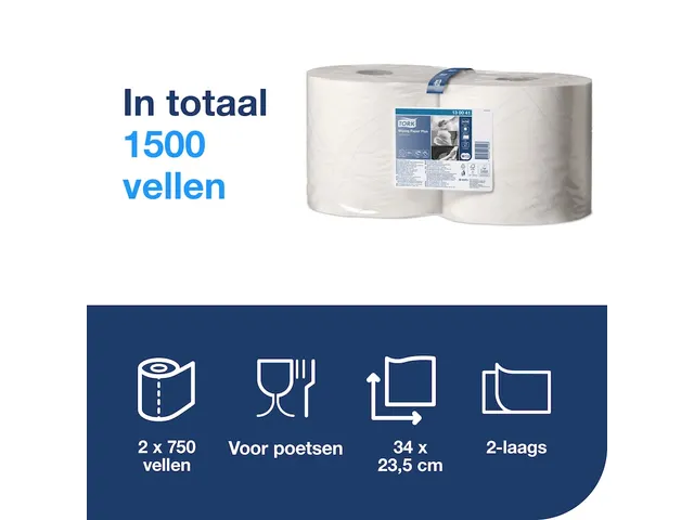 Poetsrol Tork W1 130041 2-laags 23,5cmx255m 2 rollen wit