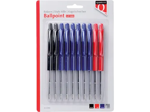 Balpen Quantore Drukknop assorti medium, Blister 10 stuks