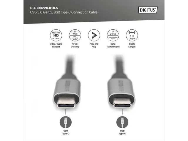 USB-C naar USB-C PD60W Gen1 USB3.0-aansluitkabel 1m / 4K@60Hz