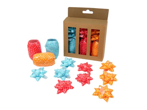 Krullint en strik rood/oranje/blauw 12 stuks