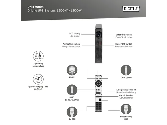 Digitus OnLine UPS-systeem 1500VA/1500W dubbel conversiesysteem