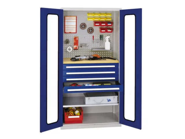 Materiaalkast Vensterdeuren 1950x1000x600mm 4laden 1legbord Ral5010