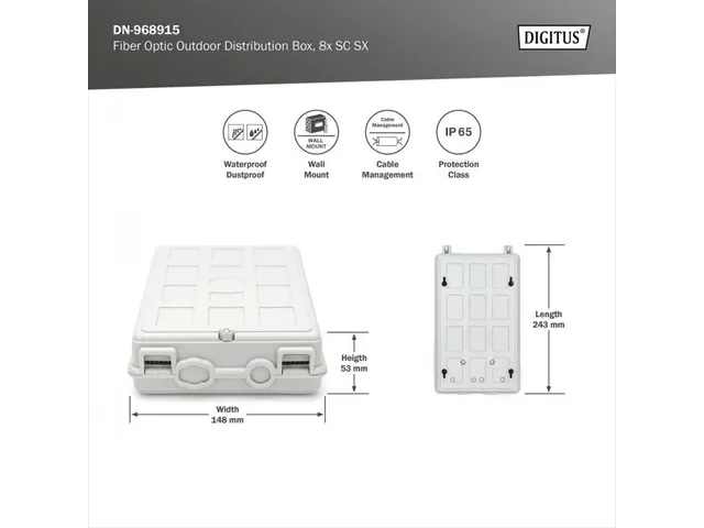 Glasvezel verdeelkast voor buitengebruik 8x SC SX/LC DX 53x148x243 mm