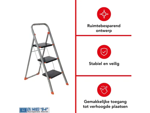Huishoudtrap met hoge beugel 3 treden antislip inklapbaar tot 150 kg