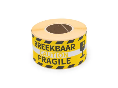 Verpakkingsetiketten 46x125mm Op Rol Zwart Geel Fragile 250 Stuks