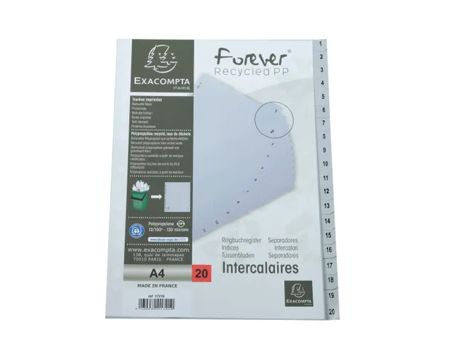 Tab. gerecycled PP A 4 bedrukt 1-20 grijs