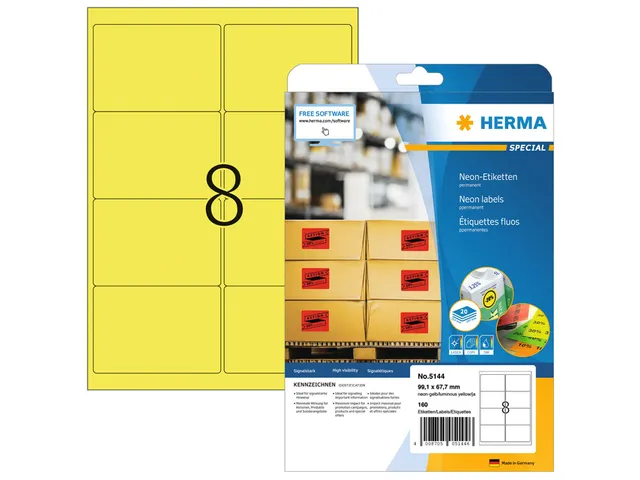 HERMA 5144 Gekleurde etiketten A4 99,1x67,7mm Neon Geel 160 stuks