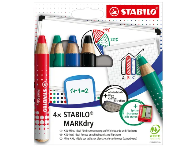 Crayon tableau blanc STABILO MARKdry 648/4 + taille-crayon et microfib