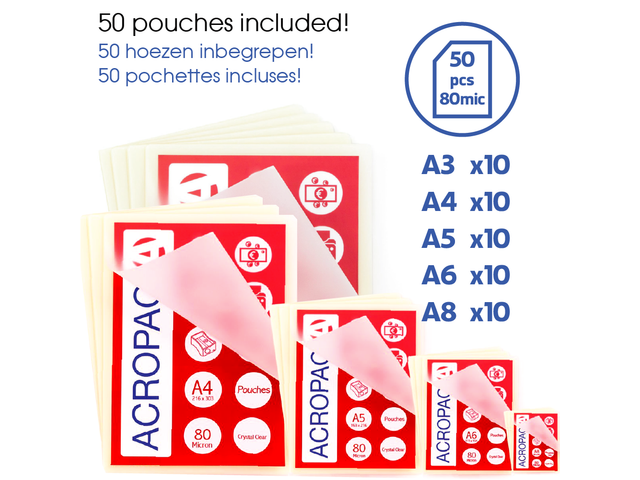ACROPAQ 50 pochettes de plastification A3 80 Microns