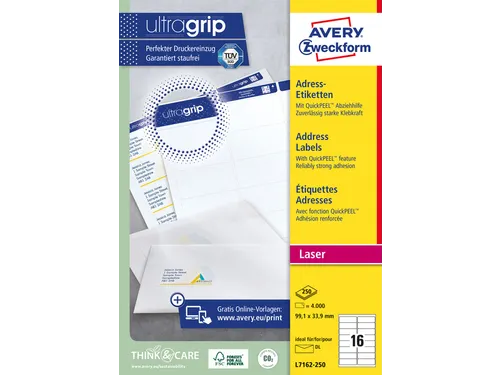 Adresetiket Avery QuickPeel L7162-250 99.1x33.9mm Wit 4000 Stuks