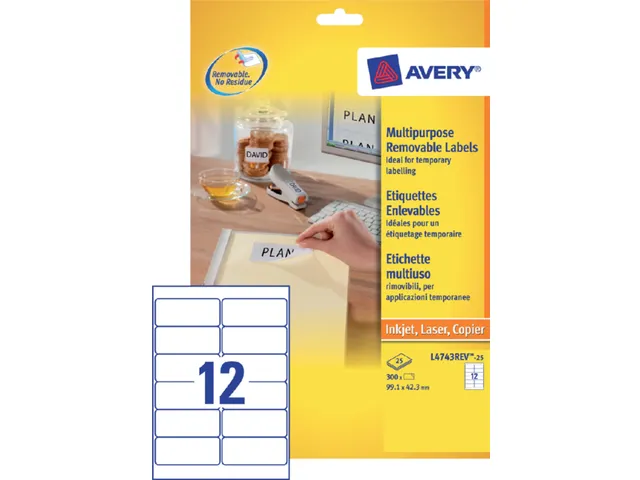 Etiket Avery L4743REV-25 99.1X42.3mm Afneembaar Wit 300 Stuks