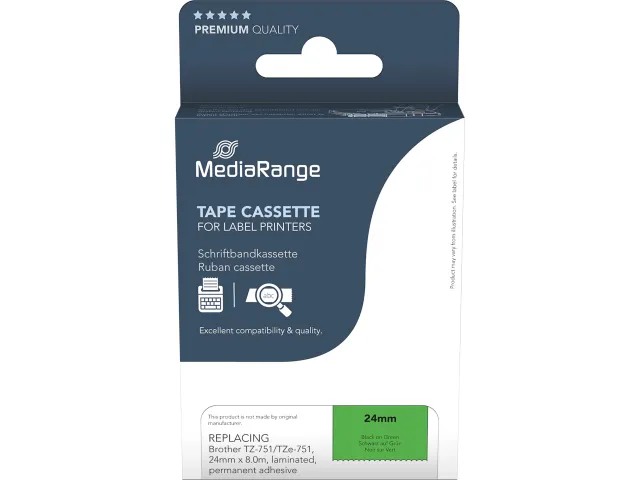 Labeltape voor Brother Tz751 24mmx8m zwart op groen gelamineerd