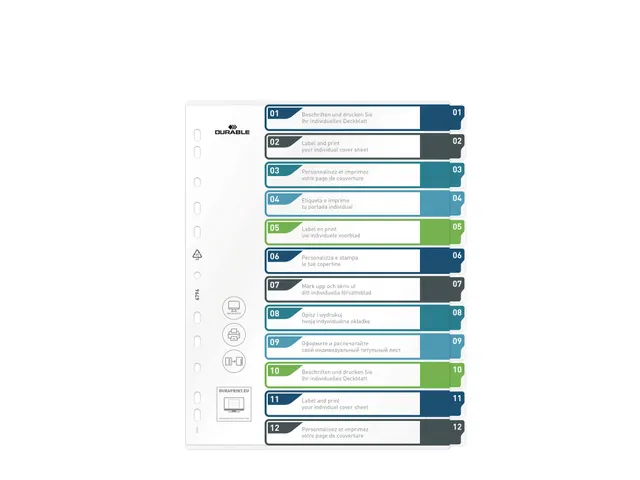 Intercalaire A4+ Durable 1-12 onglets de couleur PP personnalisable