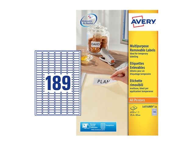 Etiket Avery L4731REV-25 25.4x10mm afneembaar wit 4725stuks | AveryEtiketten.be