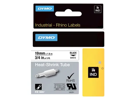 Labeltape Dymo Rhino industrieel krimpkous 19mm zwart op wit