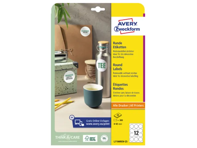 Etiket Avery L7104REV-25 rond 60mm wit 300 stuks 25 vel
